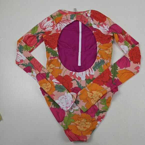 Trina Turk Swimsuit Womens Medium Floral Long Sleeve Rash Guard Pink Orange‎ Zip - Picture 9 of 12